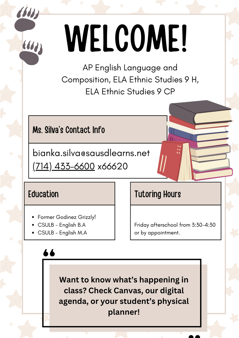 Welcome! AP Lang; bianka.silva@sausdlearns.net; x66620; CSULB; Tutoring Friday and By Appt